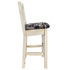 Montana Woodworks Homestead Collection Barstool w/Back - Woodland Upholstery, w/Laser Engraved Bear Design, Clear Lacquer Finish