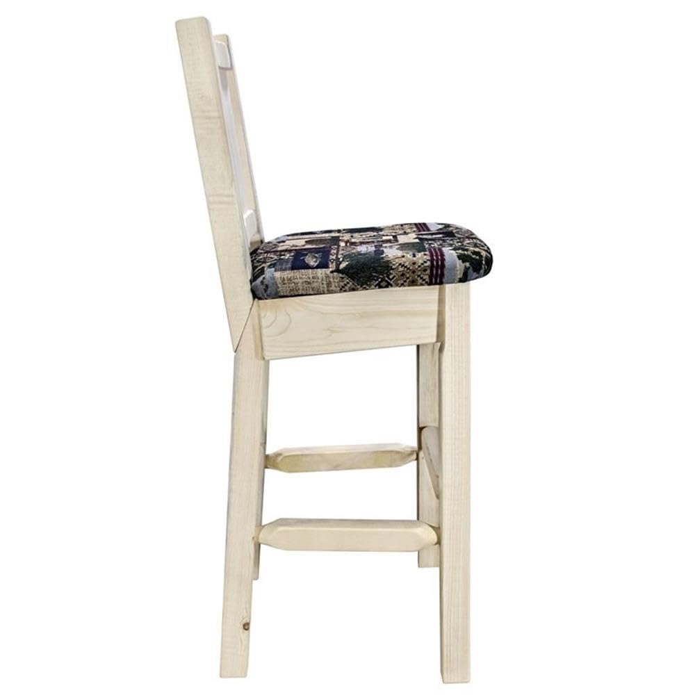 Montana Woodworks Homestead Collection Barstool w/Back - Woodland Upholstery, w/Laser Engraved Bear Design, Ready to Finish