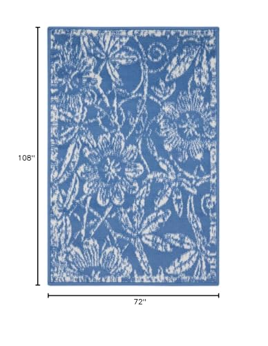 HomeRoots 100% Polypropylene 6’ x 9’ Blue and Ivory Floral Vines Area Rug