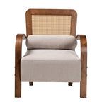 Baxton Studio Sage Modern Japandi Light Grey Fabric And Walnut Brown Finished Wood Arm Chair With Woven Rattan