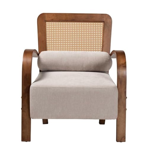 Baxton Studio Sage Modern Japandi Light Grey Fabric And Walnut Brown Finished Wood Arm Chair With Woven Rattan