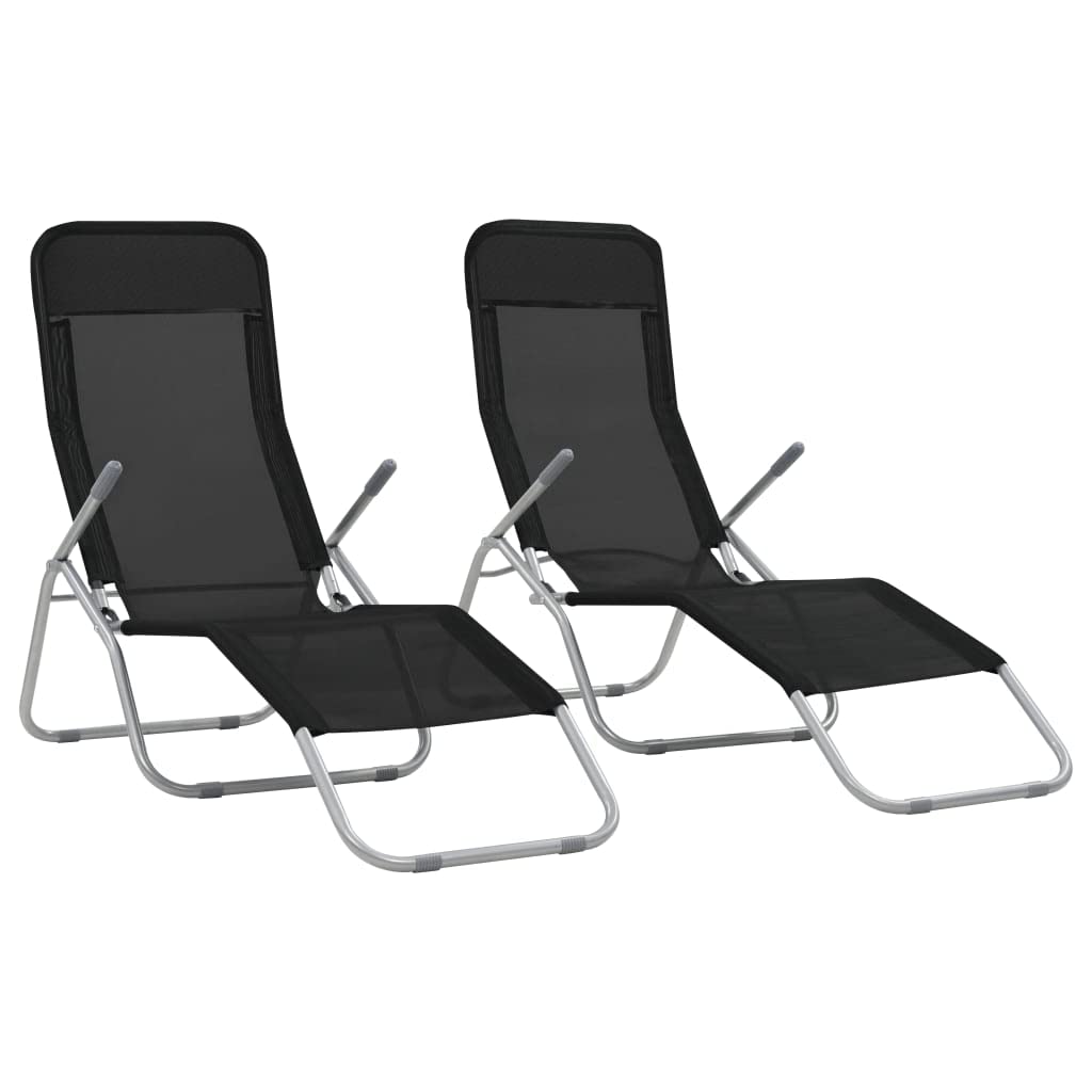 vidaXL Folding Sun Loungers 2 pcs - Textilene Black - Weather Resistant - Outdoor Beach Chairs with Adjustable Backrest and High Load Capacity