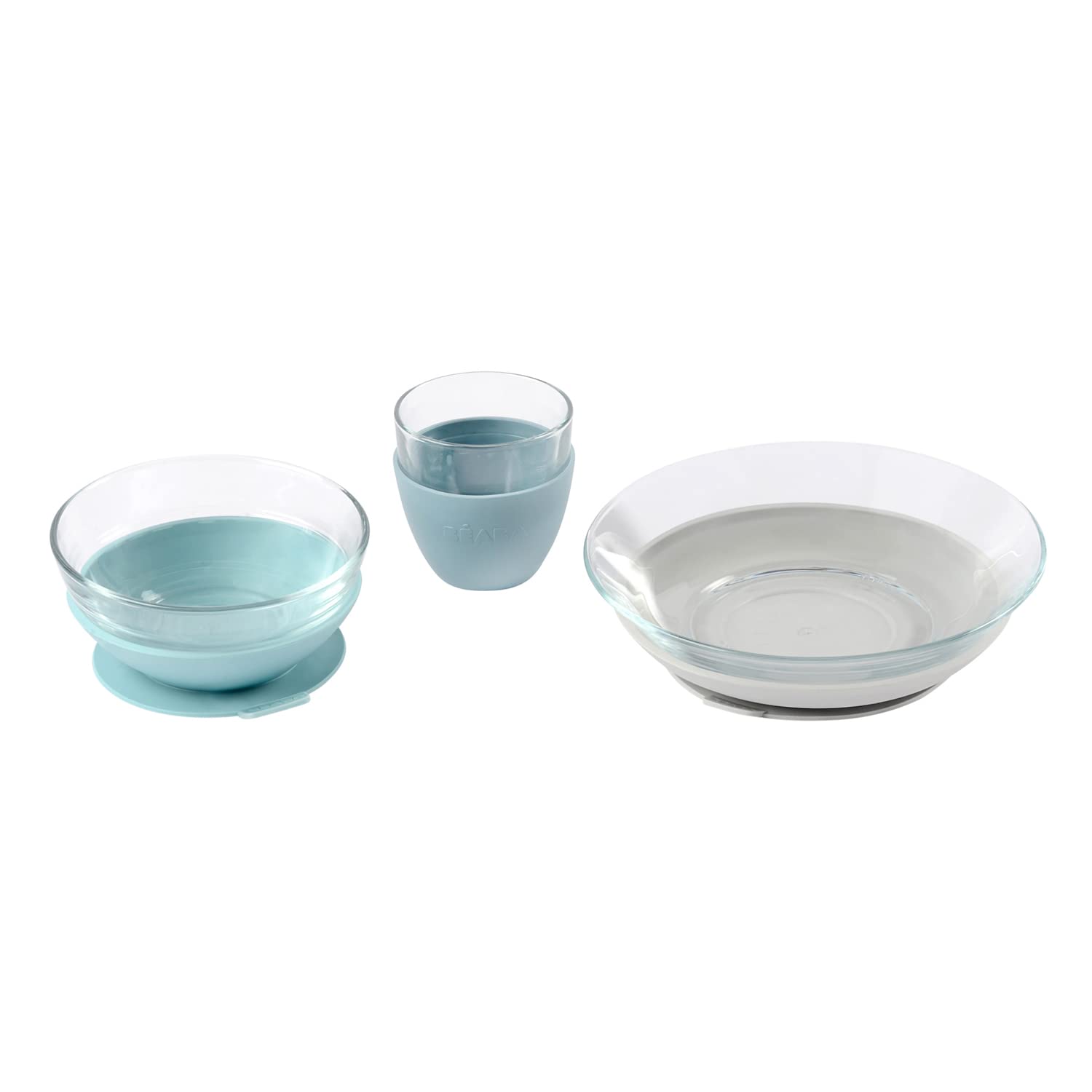 Beaba 3Piece Glass And Silicone Meal Set  Easy To Clean  Dishwasher And Microwave Safe  NonSlip Suction Bottom  Includes P
