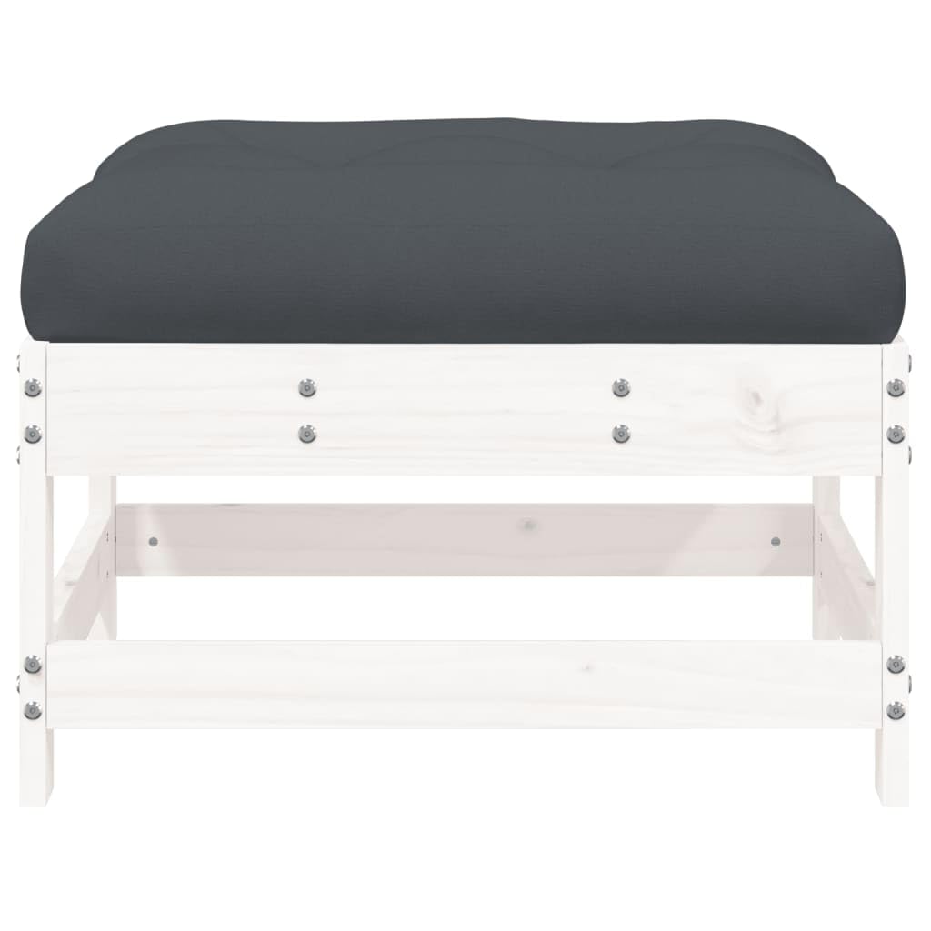 vidaXL Solid Wood Pine Patio Footstool with Cushion - White - Modular Garden Lounge Set Element - Sturdy Outdoor Furniture - Comfortable Seating Solution