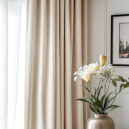 Lazzzy Beige Velvet Curtains Thermal Insulated Curtains 72 Inch Long Room Darkening Window Drapes For Bedroom Living Room Super Soft Luxury Velvet Curtains Window Treatment 2 Panels, Rod Pocket Beige