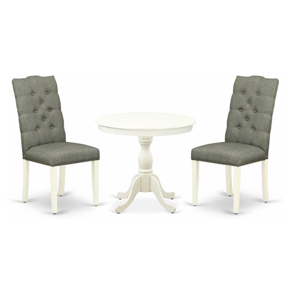 East West Furniture AMEL3-LWH-07 3 Piece Kitchen Table Set Contains a Round Dining Room Table with Pedestal and 2 Gray Linen Fabric Upholstered Chairs, 36x36 Inch, Linen White