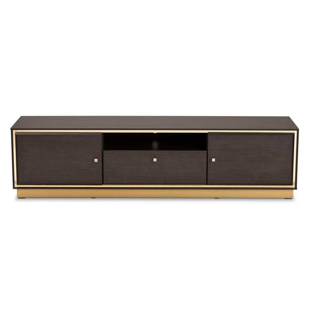 Baxton Studio Cormac Mid-Century Modern Transitional Dark Brown Finished Wood and Gold Metal 2-Door TV Stand