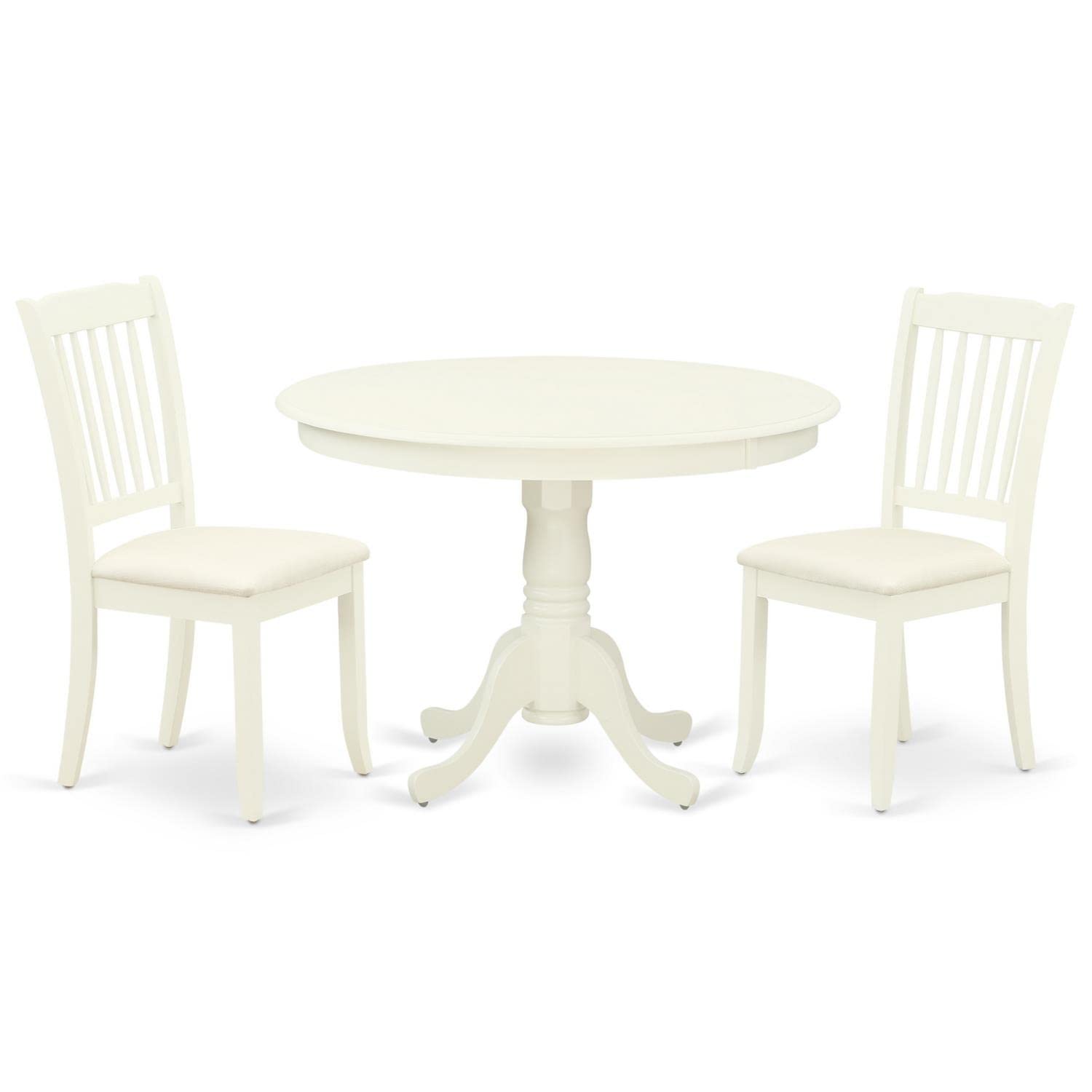 East West Furniture Hlda3-Lwh-C 3 Piece Dining Room Table Set Contains A Round Kitchen Table With Pedestal And 2 Linen Fabric Upholstered Dining Chairs, 42X42 Inch, Linen White