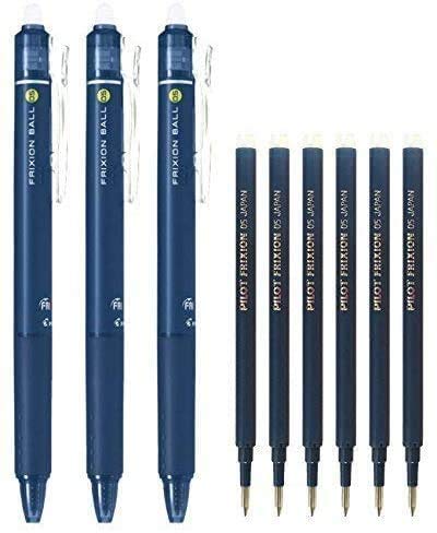 Pilot Frixion Ball Knock Retractable Erasable Gel Ink Pens, Extra Fine Point 0.5Mm, Blue Black Ink, 3 Pens & 6 Refills Value Set