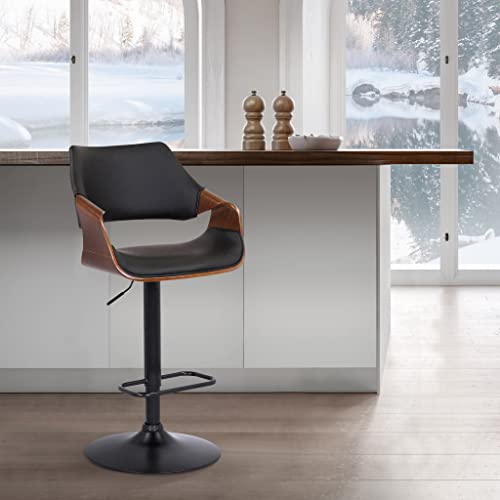 HomeRoots Wood, Metal, Foam Faux Leather Black Faux Leather and Walnut Wood and Black Swivel Adjustable Bar Stool
