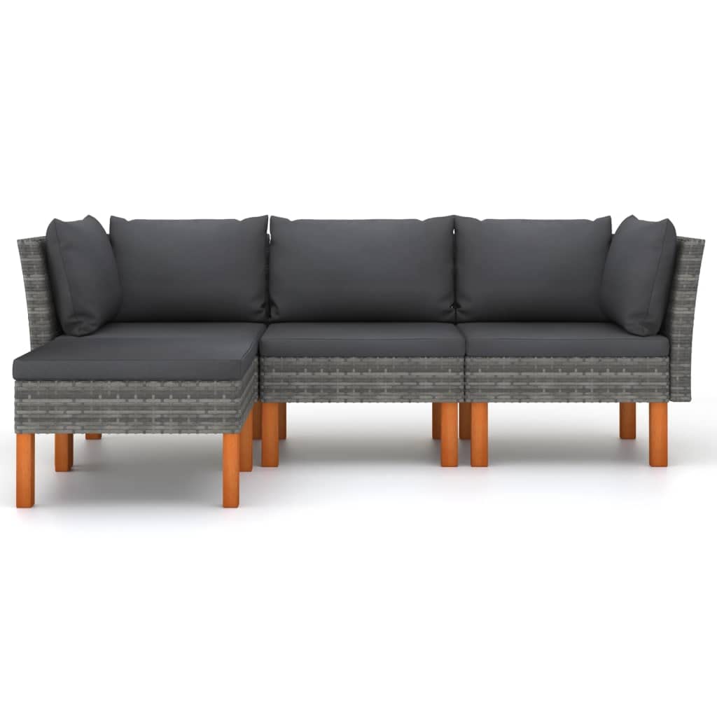 vidaXL 4-Piece Farmhouse Modern Patio Lounge Set with Padded Cushions - Poly Rattan Construction and Solid Eucalyptus Wood Legs - Gray/Anthracite