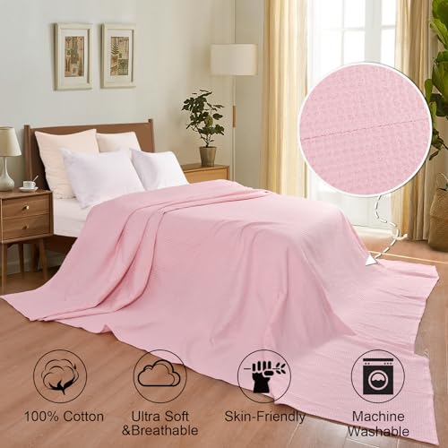 Phf 100% Cotton Waffle Weave Blanket Oversized King Size 120'X 120'- Washed Soft Lightweight Breathable Oversize Huge Blanket- Extra Large Big Blanket For Couch Bed Sofa-Aesthetic Home Decor- Pink