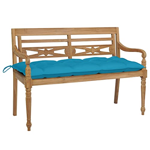 Vidaxl Solid Teak Wood Batavia Bench With Light Blue Cushion Outdoor Patio Porch Home Balcony Backyard Terrace Lounge Seating Wooden Furniture 47.2&quot;