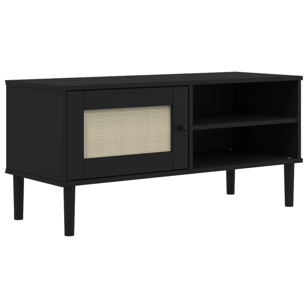 vidaXL SENJA Rattan Look TV Stand - Black, Solid Wood Pine, Ample Storage with Compartments and Door, Ideal for Living Room or Entertainment Area