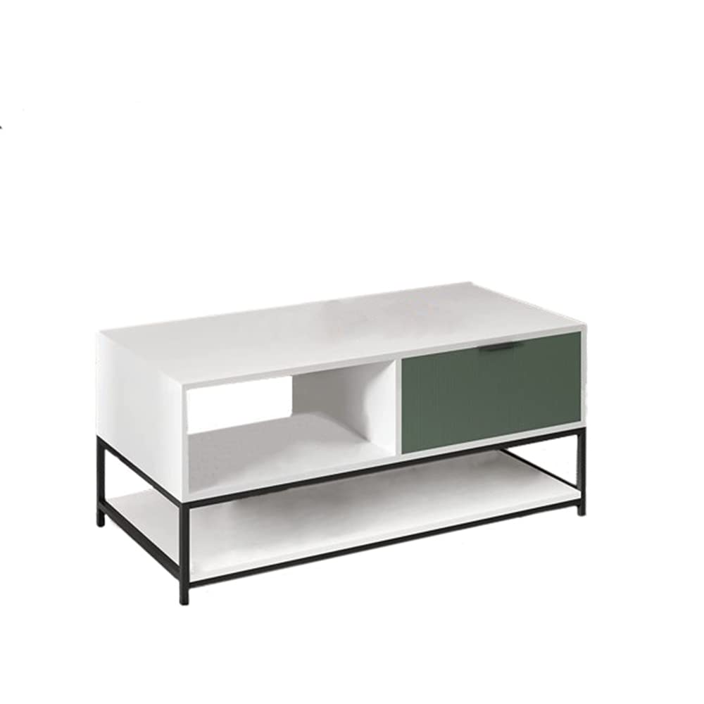Lilola Home Watson White and Green Wood Coffee Table Steel Frame with Shelves and Drawer