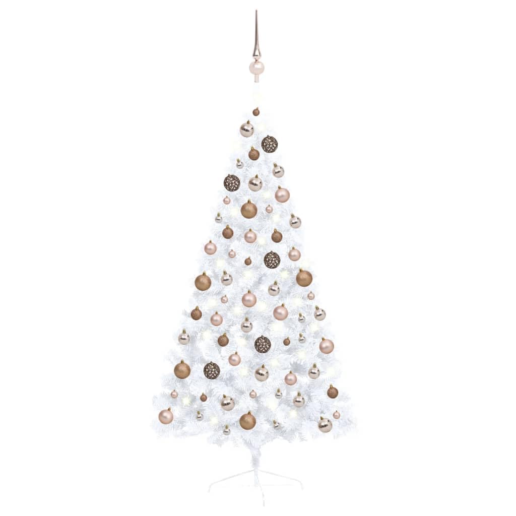 Vidaxl Artificial Half Christmas Tree - Pre-Lit And Decorated With Ball Set - Compact Wall Placement Design - White And Rose Gold