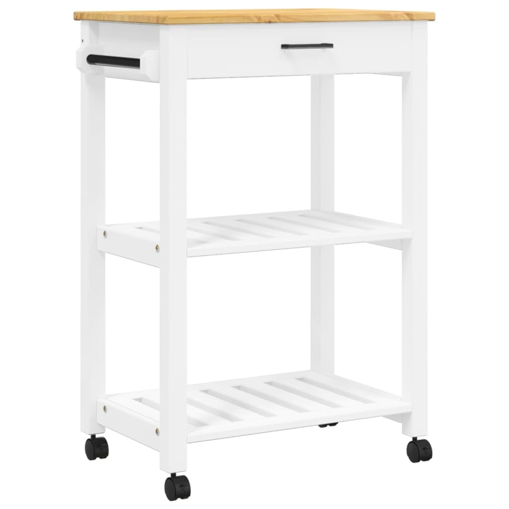 vidaXL Solid Pine Wood Kitchen Trolley - Rolling Cart with Drawer/Shelves, White/Honey Wax Finish, Mobile Organizer for Homes