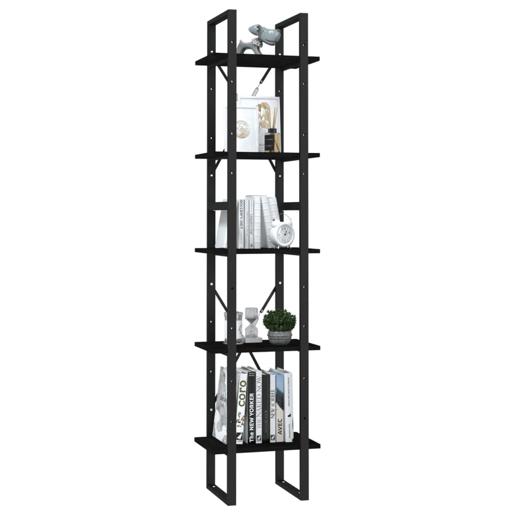 vidaXL Solid Pinewood 5-Tier Book Cabinet Home Indoor Living Room Wooden Storage Cabinet Organizer Bookcase Bookshelf Rack Furniture Black 15.7&quot;