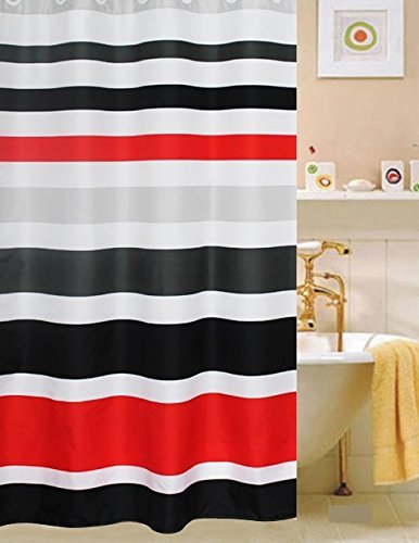 Fabric Shower Curtain,Multi-Color Striped Black /Red