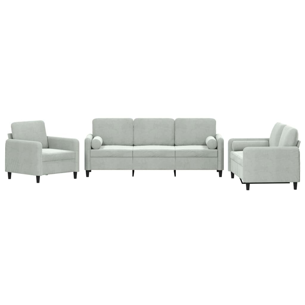 vidaXL Modern Velvet Living Room Set - Light Gray 3-Piece Sofa Collection, Comfortable Seating with Armchair, 2-Seater, 3-Seater Sofas and Roll Pillows