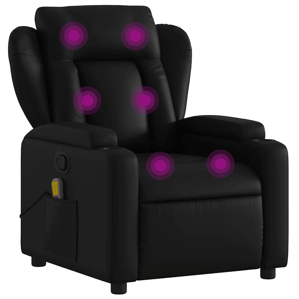 vidaXL Black Faux Leather Massage Recliner - Manual Single Sofa with Cup Holders, 6-Point Vibration Function