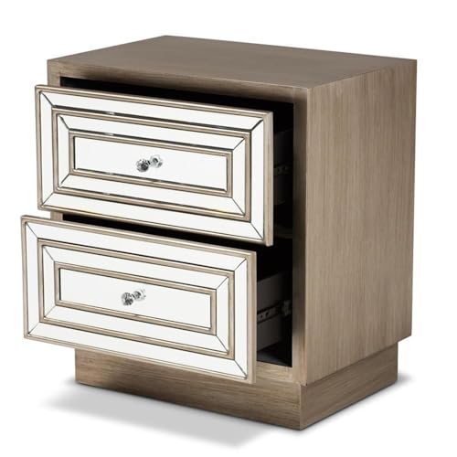 Baxton Studio Ellis Natural Brown Wood 2-Drawer End Table with Mirrored Glass