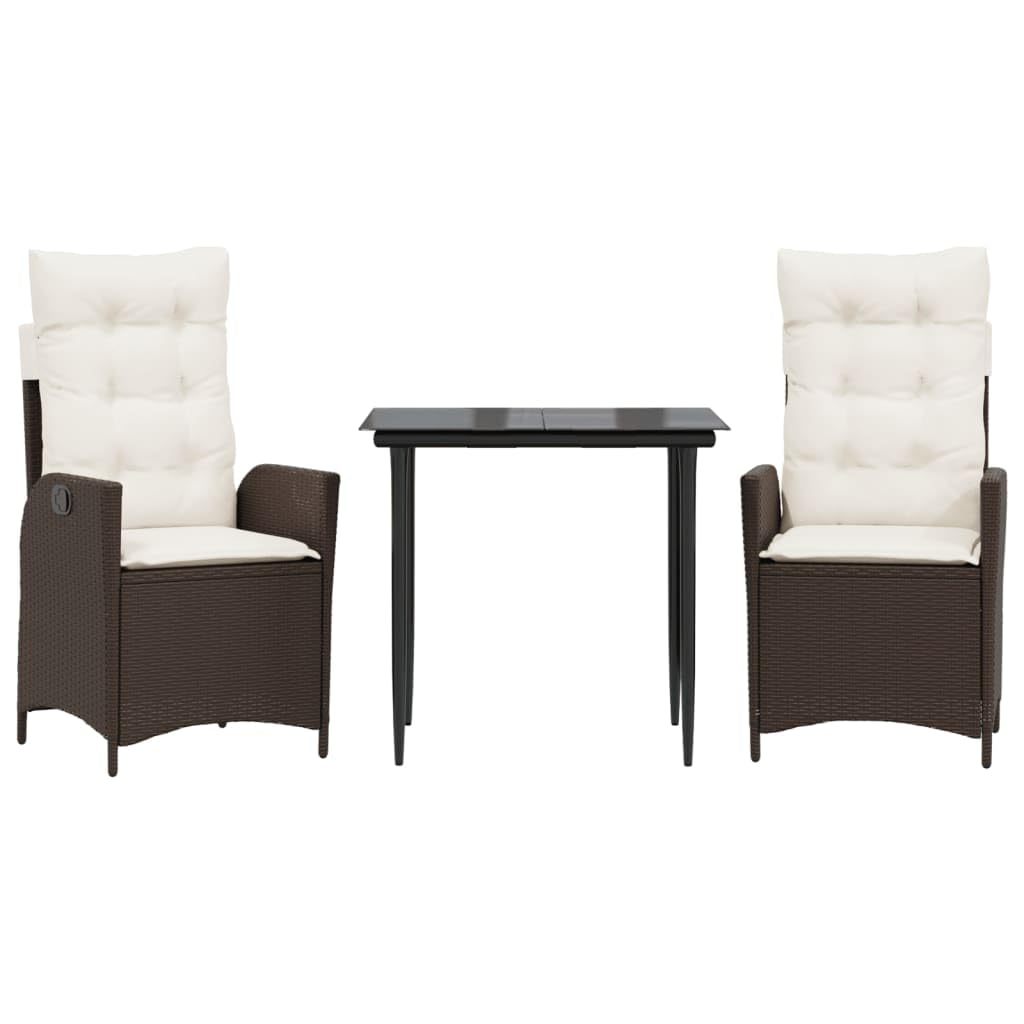 vidaXL 3 Piece Patio Dining Set with Cushions - Brown Poly Rattan Outdoor Reclining Chairs, Tempered Glass Tabletop for Garden/Backyard