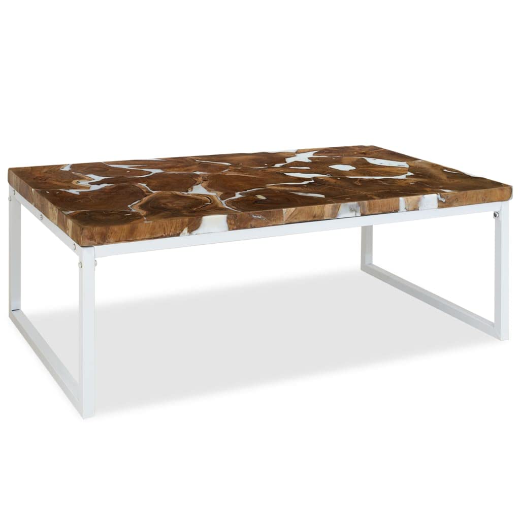 vidaXL Teak Coffee Table Resin 43.3" - Handcrafted Rectangular Sofa Table/Side Accent Table, Modern Teak Timber Design with Steel Frame