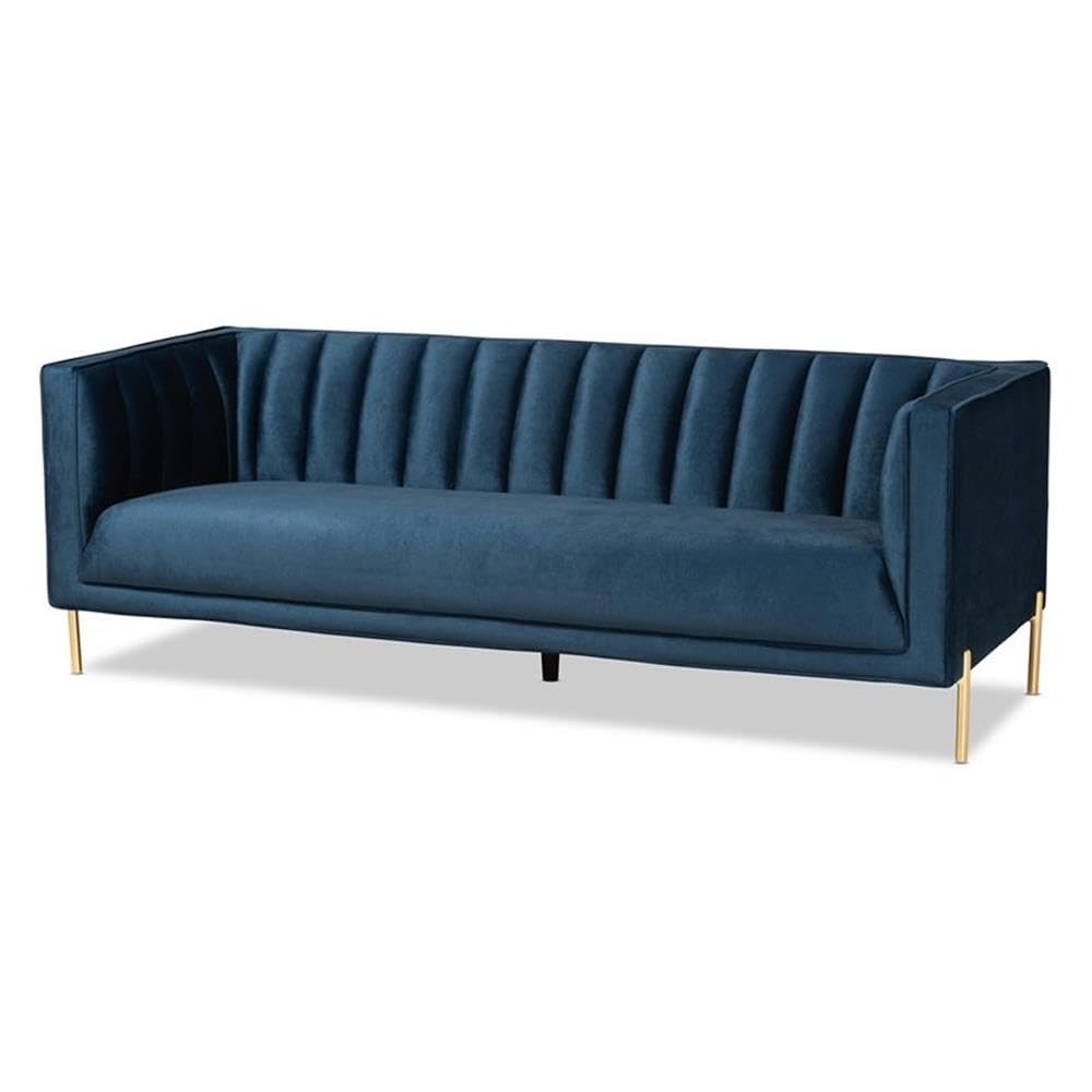 Baxton Studio Maia Navy Blue Velvet and Gold Finished Metal Sofa