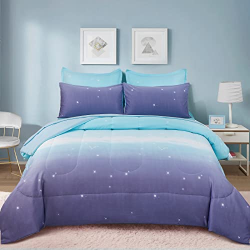 Girls Comforter Set Queen Size 7 Pieces Bed In A Bag Ombre Blue Purple Rainbow Bedding Set Collections For Teen Women (1 Comfort