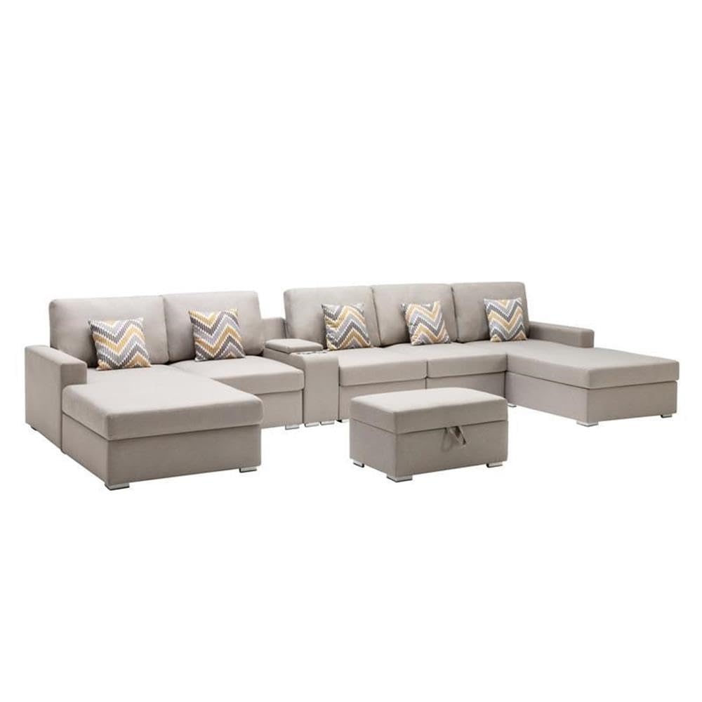 Lilola Home Nolan Beige Linen Fabric 7Pc Double Chaise Sectional Sofa with Interchangeable Legs, Storage Ottoman, Pillows, and a USB, Charging Ports, Cupholders, Storage Console Table