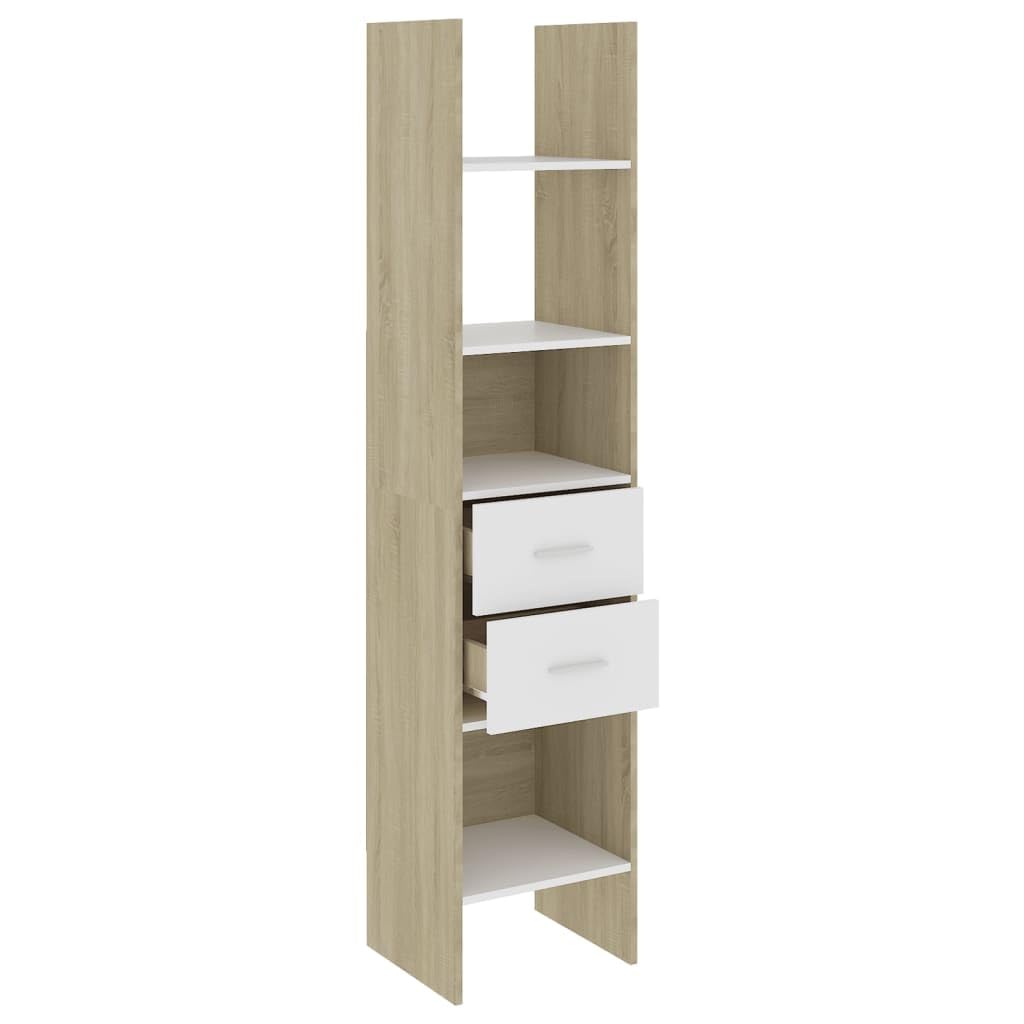vidaXL Modern Book Cabinet - White and Sonoma Oak, Engineered Wood, 15.7&quot;x13.8&quot;x70.9&quot;, 4 Compartments and 2 Drawers