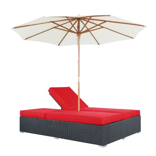 Modway Arrival Outdoor Wicker Rattan Patio Dual Chaise Lounges With Espresso Red Sun Shade