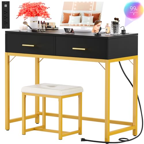 Cyclysio Vanity Desk With Charging Station, Black Makeup Vanity With Lighted Mirror, Tri-Fold, Small Vanity Set With Drawers And 3 Outlets & 2 Usb, 36'' Vanitys With Stool, Dressing Table, Black