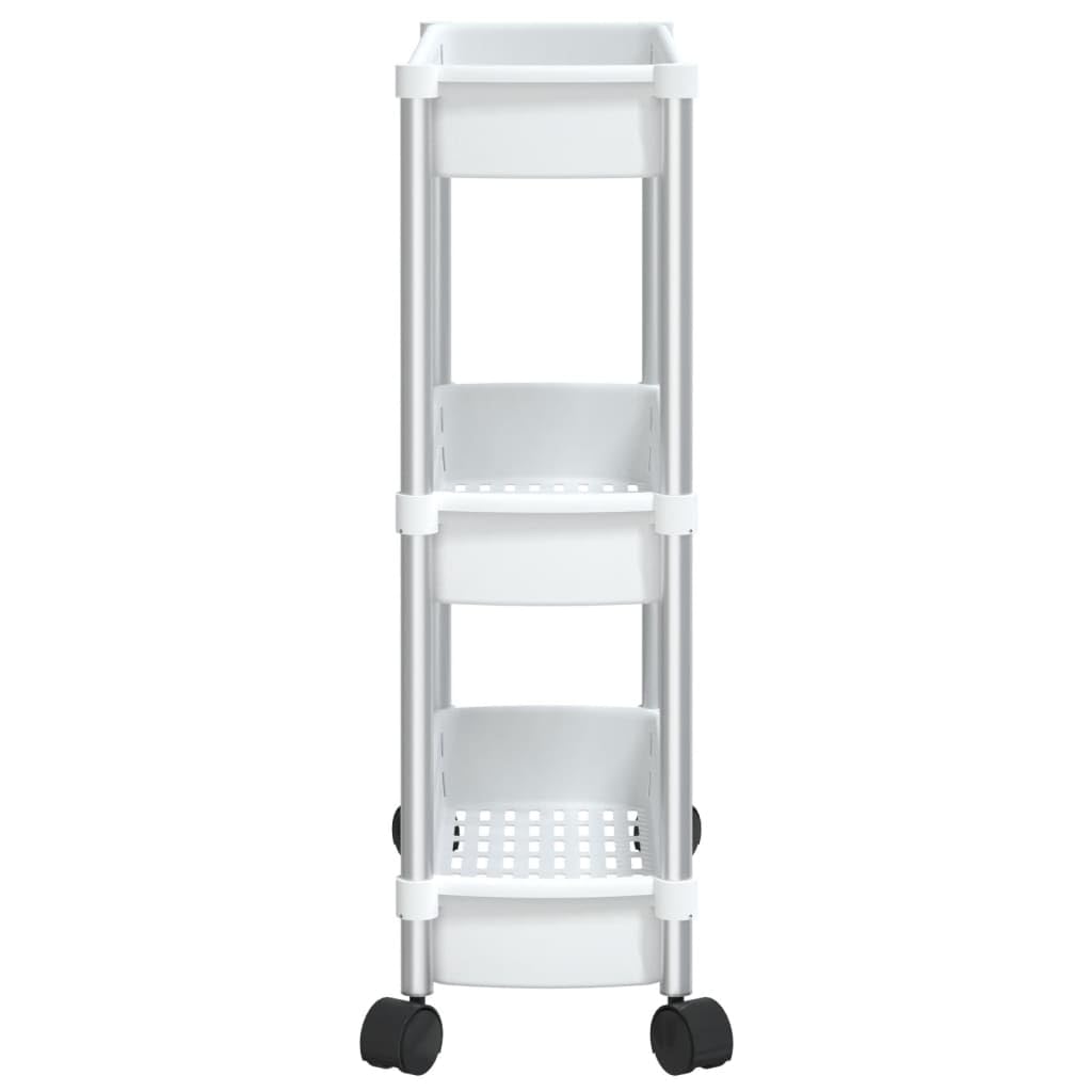 vidaXL 3-Tier Multifunctional Storage Trolley - Durable Aluminum Frame, Portable Organizer Cart with 4 Wheels for Bedroom, Bathroom, Kitchen, and Study - Silver and White