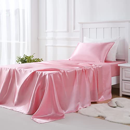Golal Satin Sheets Twin Xl Size - 3 Pieces Luxury Silky Soft Bed Sheets, Wrinkle-Free Pink Satin Silk Sheet Set With 1 Deep Pock