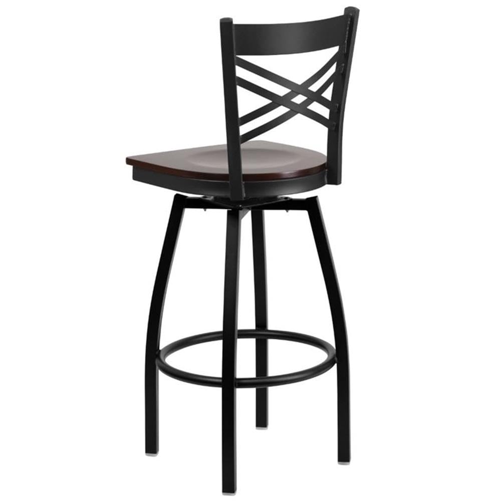 Flash Furniture HERCULES Series Black ''X'' Back Swivel Metal Barstool - Walnut Wood Seat