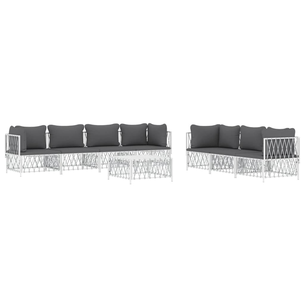 vidaXL 8 Piece White & Gray Patio Lounge Set with Cushions - Modular Outdoor Sofa Set - Durable Steel - Textilene - Woven Fabric - Comfortable Backrest