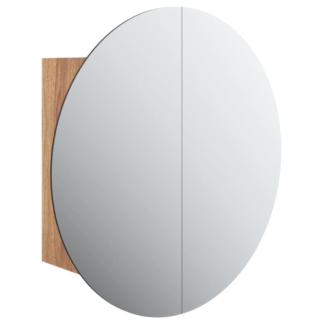 vidaXL Oak Bathroom Cabinet with Round Mirror and LED String, Wall-mounted Design, Large Compartments for Storage, Easy to Clean, 18.5"x18.5"x6.9"