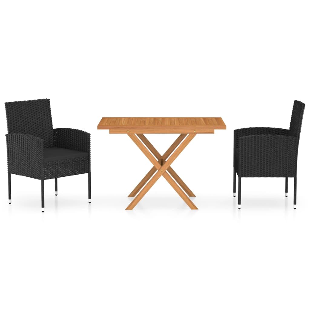 Vidaxl Solid Wood Acacia Patio Dining Set 3 Piece Outdoor Garden Terrace Yard Wooden Dining Table And Chair Seating Seat Furniture Poly Rattan Black