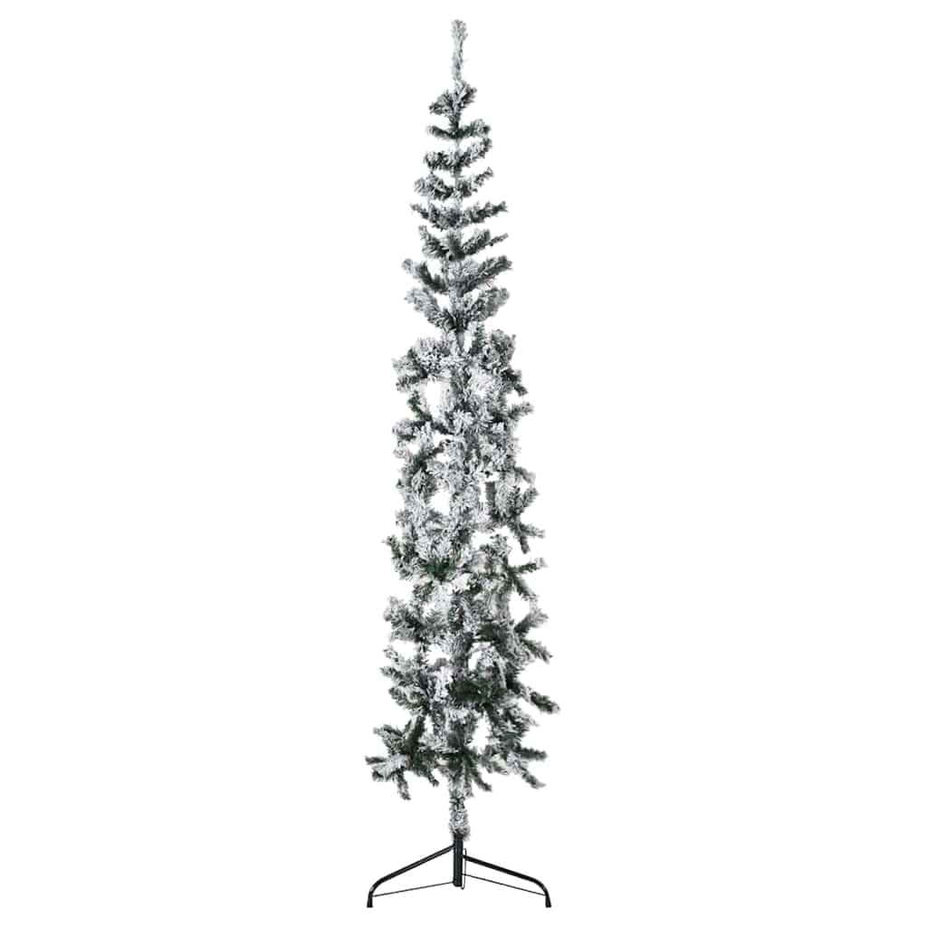 vidaXL Slim Artificial Half Christmas Tree, 6 ft Height, Green and White with Flocked Snow, PVC Material, Easy Assembly, Economical Holiday Decoration, Without Ornaments