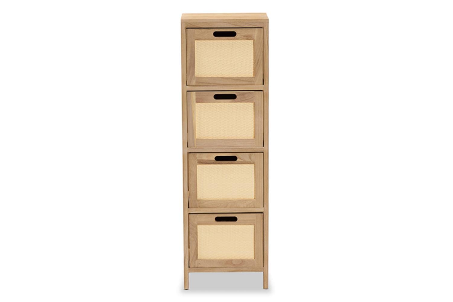 Baxton Studio Paolo Mid-Century Modern Natural Brown Finished Wood and Rattan 4-Drawer Storage Unit