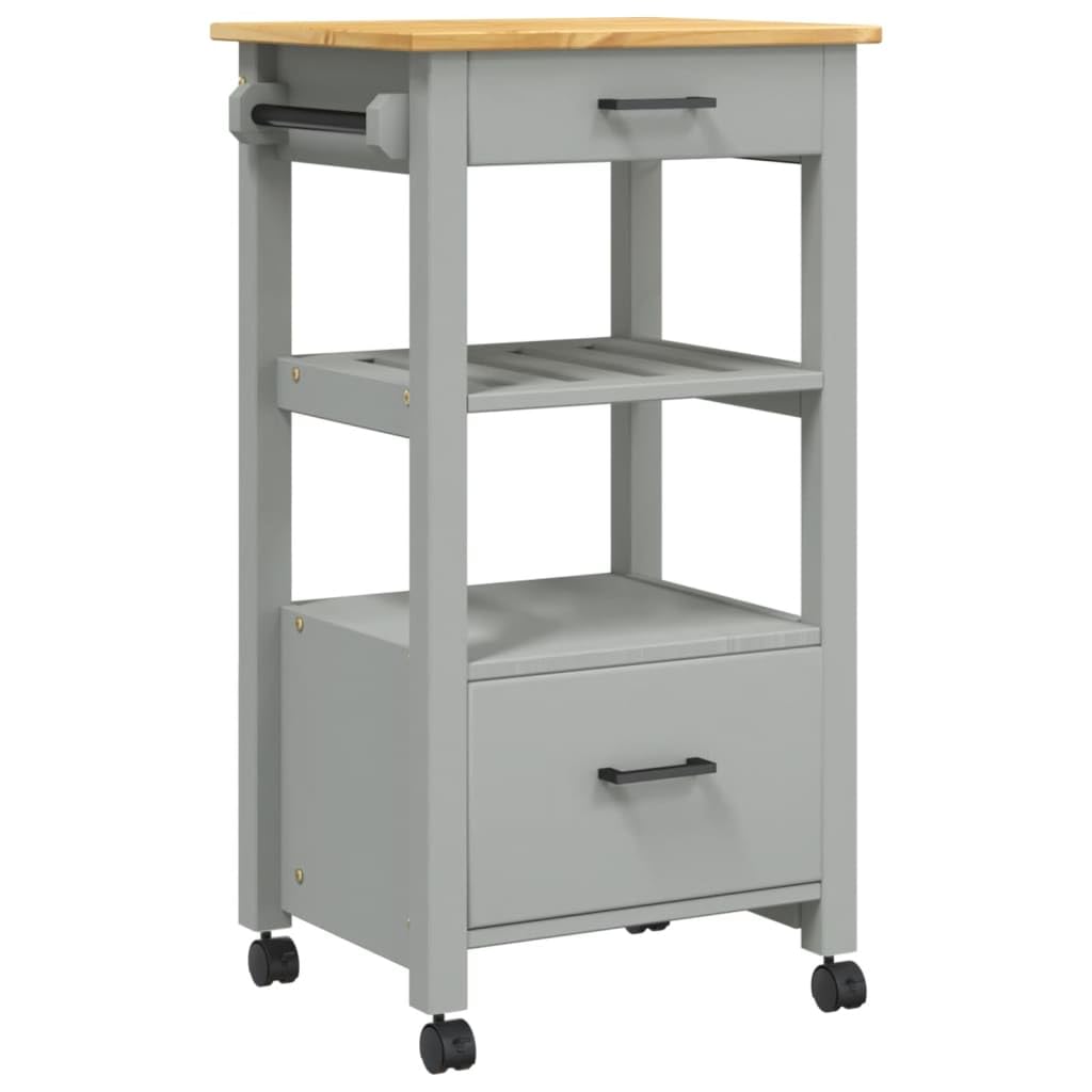 vidaXL Kitchen Trolley Rolling Cart - Solid Pine Wood, 2 Drawers, Slatted Shelf, Lockable Wheels, Gray and Honey Wax Finish for Home Storage