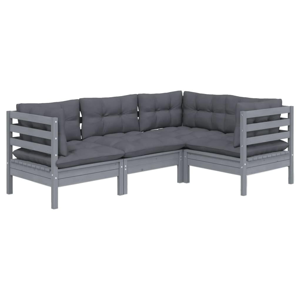 vidaXL Solid Pinewood Patio Lounge Set 4 Piece with Cushions Garden Outdoor Lawn Yard Terrace Balcony Wooden Seat Seating Furniture Gray