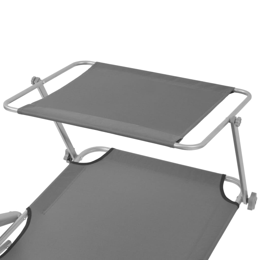 vidaXL Adjustable Sun Lounger with Canopy - Weatherproof Steel Construction - Portable and Foldable Design - Gray Outdoor Lounge Bed.