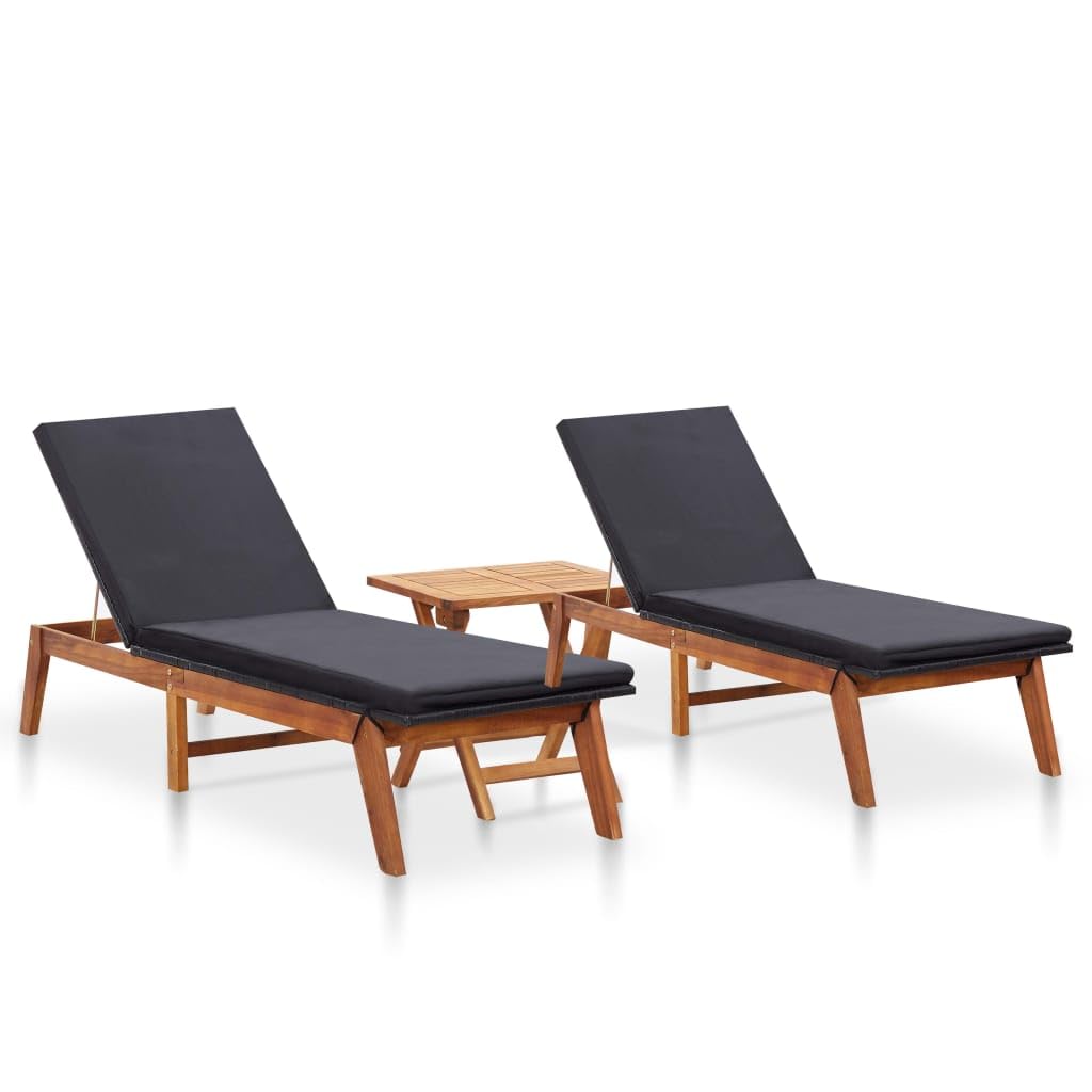 vidaXL Patio Lounge Chairs 2 Pcs, Outdoor Chaise Lounge Chairs with Table, Sunloungers, Sunbeds for Backyard Poolside, Poly Rattan Solid Acacia Wood