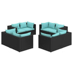 vidaXL 8 Piece Patio Lounge Set with Cushions - Outdoor Poly Rattan Black/Blue - Modern Design Durable Construction - Ideal for Garden Terrace Balcony