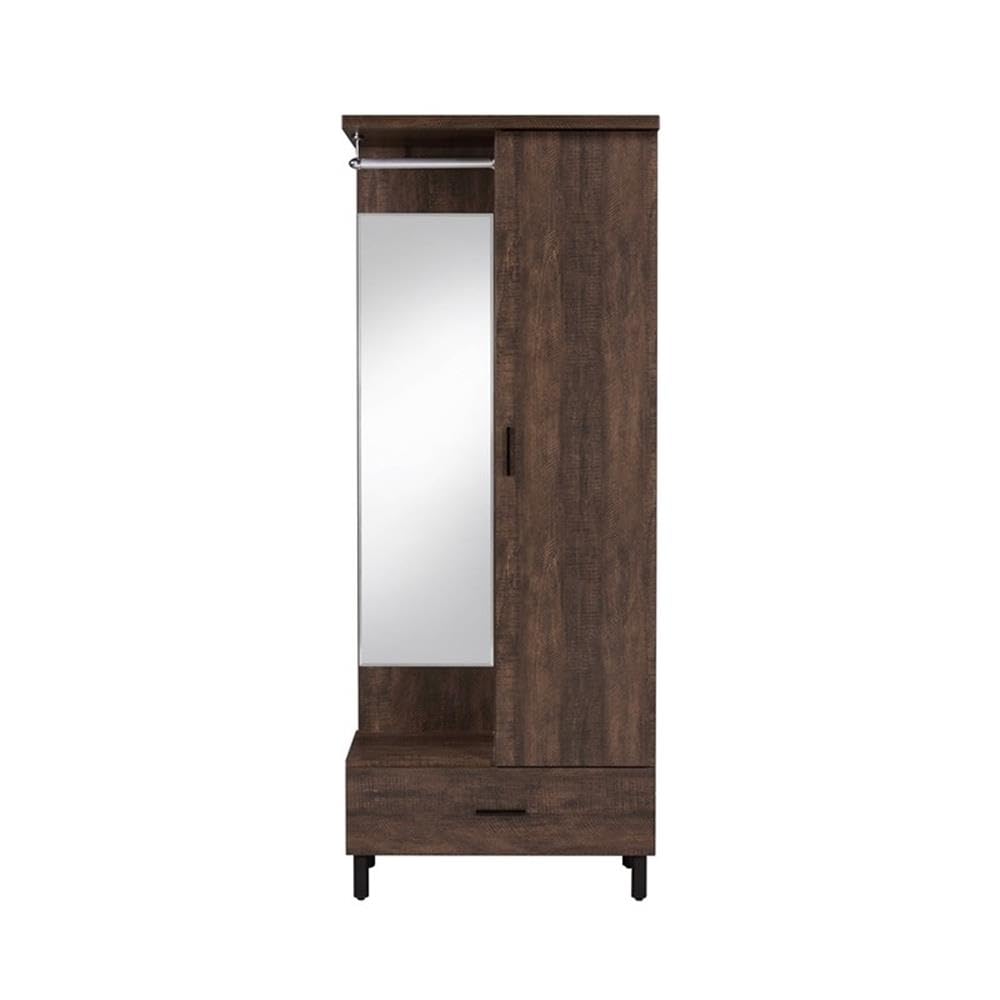 Acme Tsula Wooden and Mirror 1-Drawer Hall Tree with 1 Door in Rustic Walnut