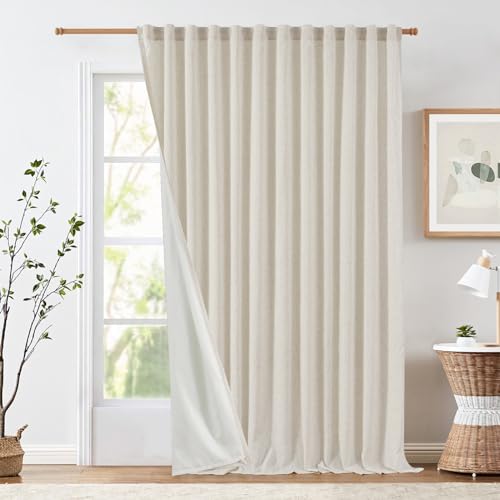 Jinchan Linen And Polyester Beige Curtains 96 Inches Long For Living Room Farmhouse Rod Pocket Back Tab Light Filtering Window Drapes With Lined For Bedroom Crude 1 Panel Ecru