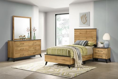 Coaster Home Furnishings Kaywood Mid-Century Modern 4-Piece Bedroom Set Twin Size Panel Bed Frame 52-inch Headboard Weathered Brown and Natural Pine 225001T-S4